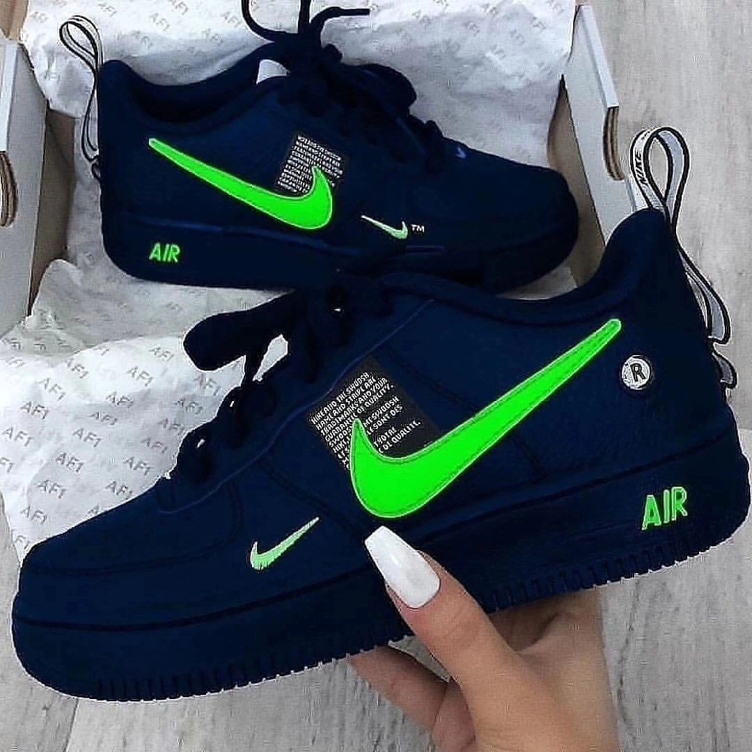 Custom Air Force 1 Green Swoosh Black  White Font