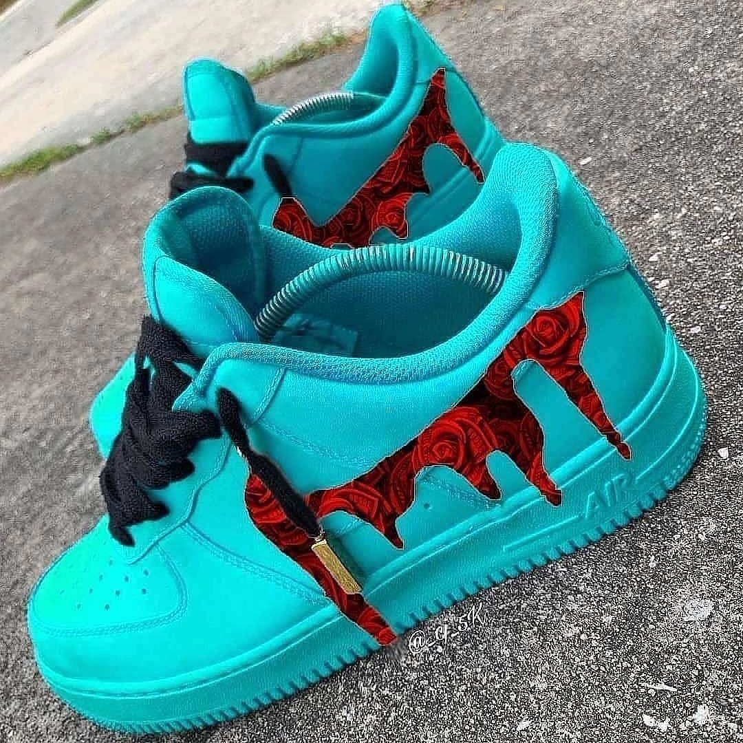 Custom Air Force 1 Mint Green Red Rose Dripping Swoosh