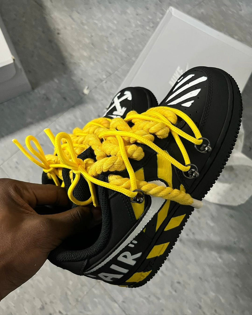 Custom Air Force 1 Extra Lace Yellow Black White Font