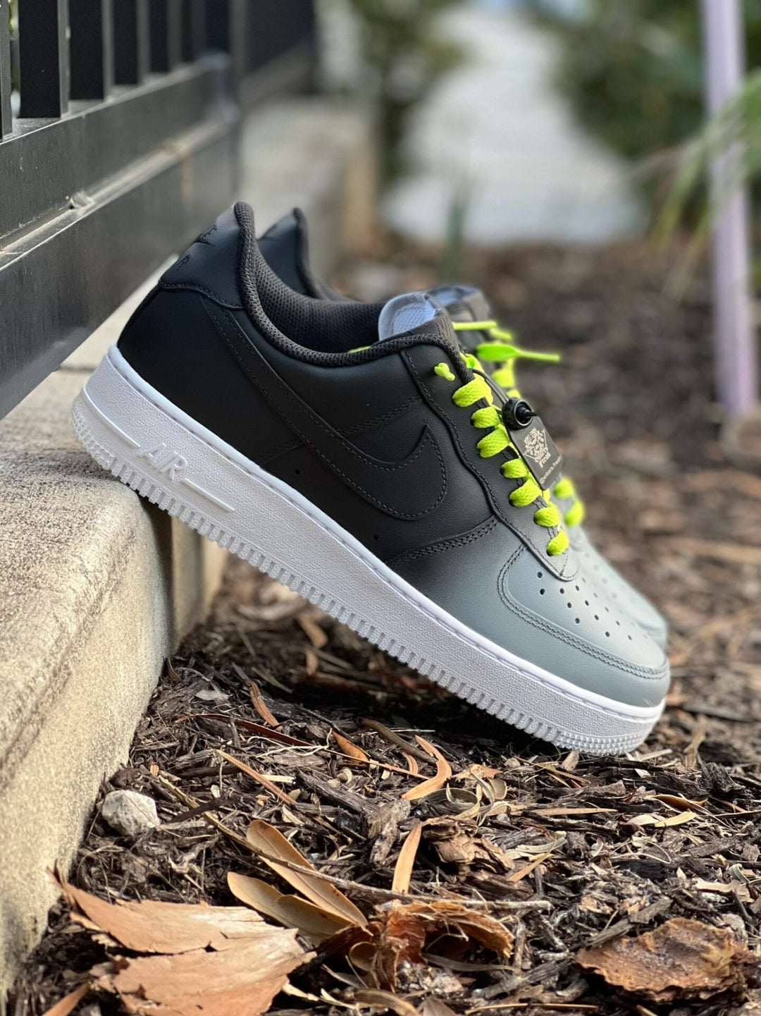 Custom Air Force 1 Black And Grey With Neon Green Laces