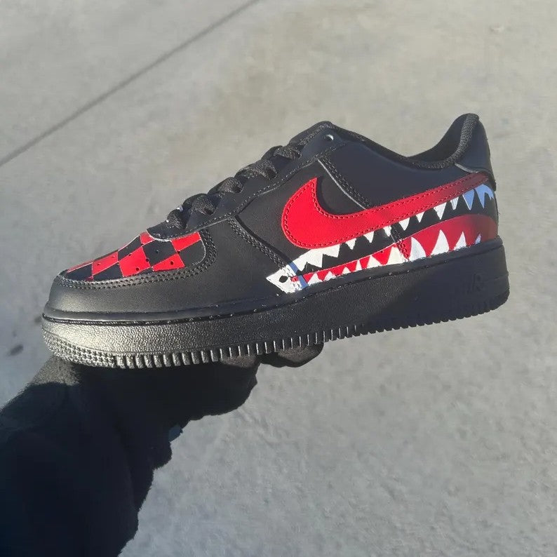 Custom Air Force 1 Black Red Checkerboard Shark Teeth Design