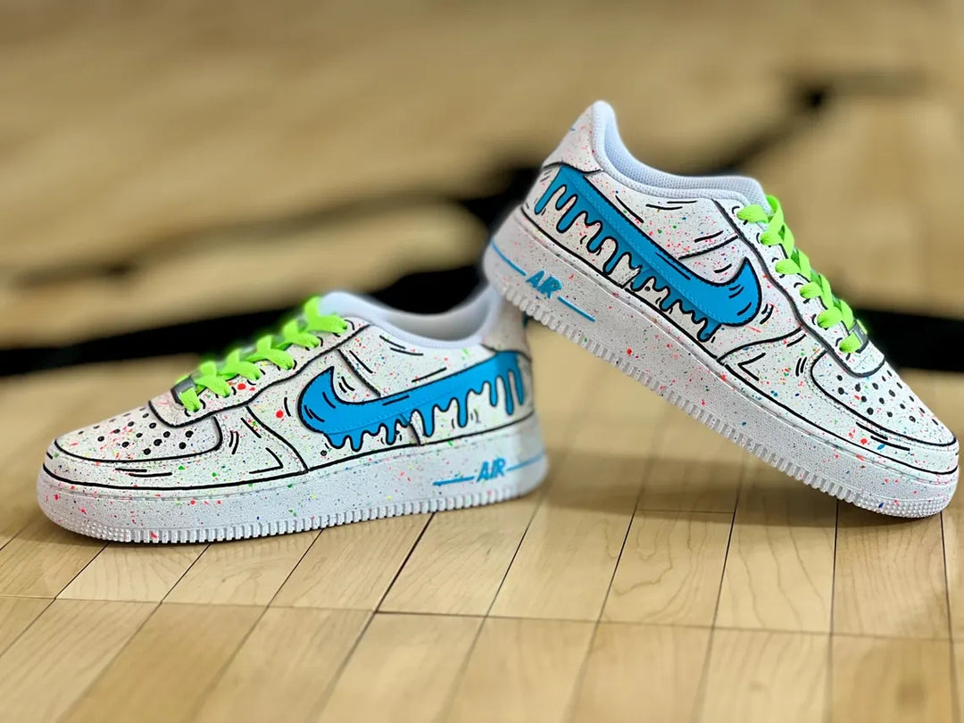 Custom Air Force 1 White With Blue Drip And Splatter Pattern