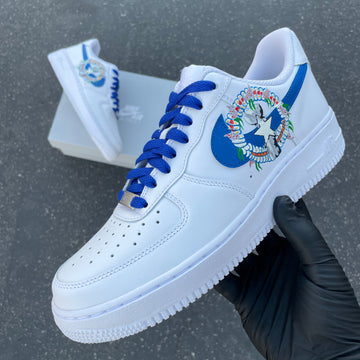 Custom Air Force 1 White With Blue Laces And Colorful Embroidered Nike Swoosh