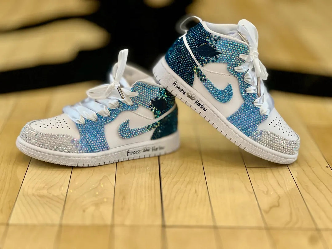 Custom Air Jordan 1 White Sliver Blue Rhinestones