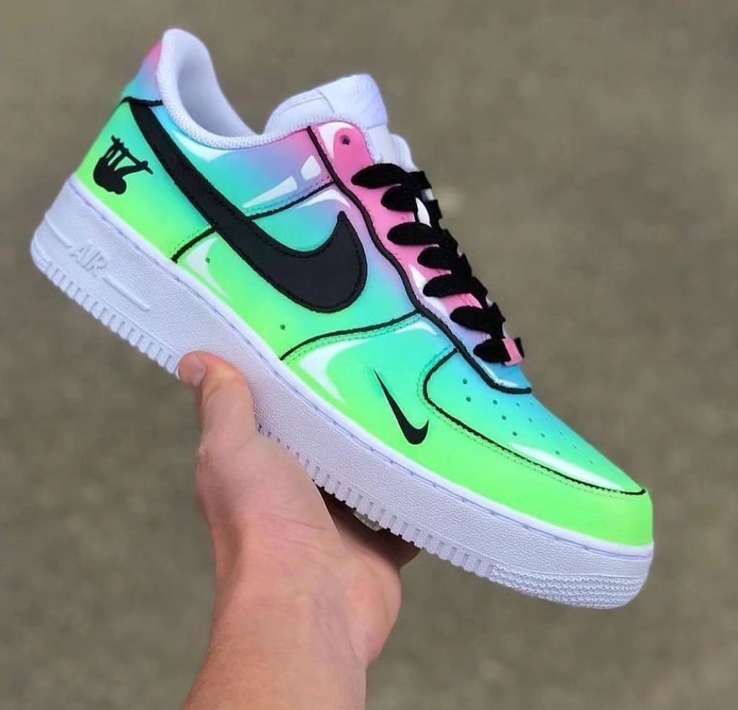 Custom Air Force 1 Black Swoosh Green Blue Purple Graident