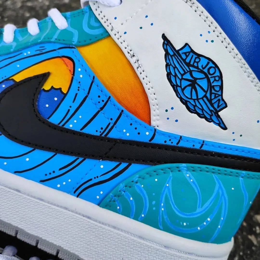 Custom Air Jordan 1 Orange Blue Ocean Waves