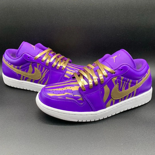 Custom Air Jordan 1 Purple Gold Irregular Stripes And Swoosh