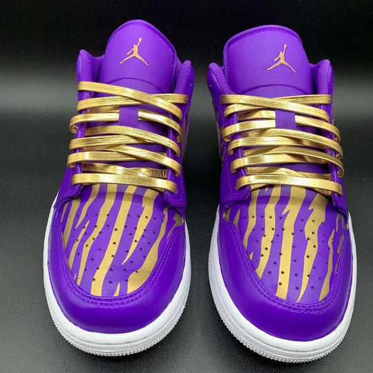 Custom Air Jordan 1 Purple Gold Irregular Stripes And Swoosh