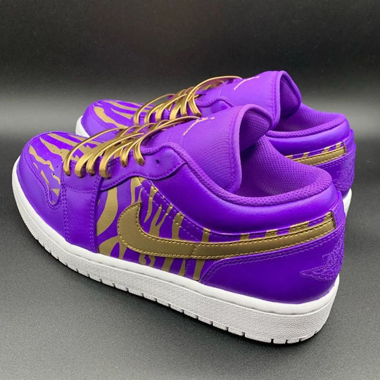 Custom Air Jordan 1 Purple Gold Irregular Stripes And Swoosh