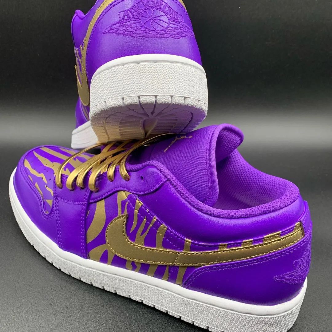 Custom Air Jordan 1 Purple Gold Irregular Stripes And Swoosh