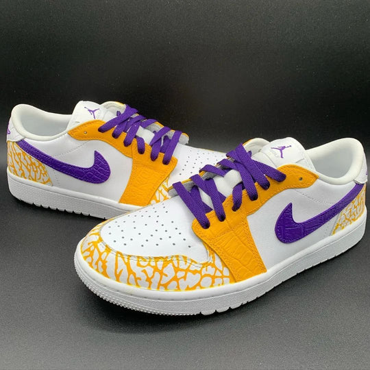 Custom Air Jordan 1 Yellow Cracks Purple Swoosh And Laces