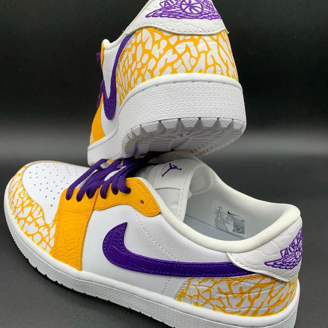 Custom Air Jordan 1 Yellow Cracks Purple Swoosh And Laces