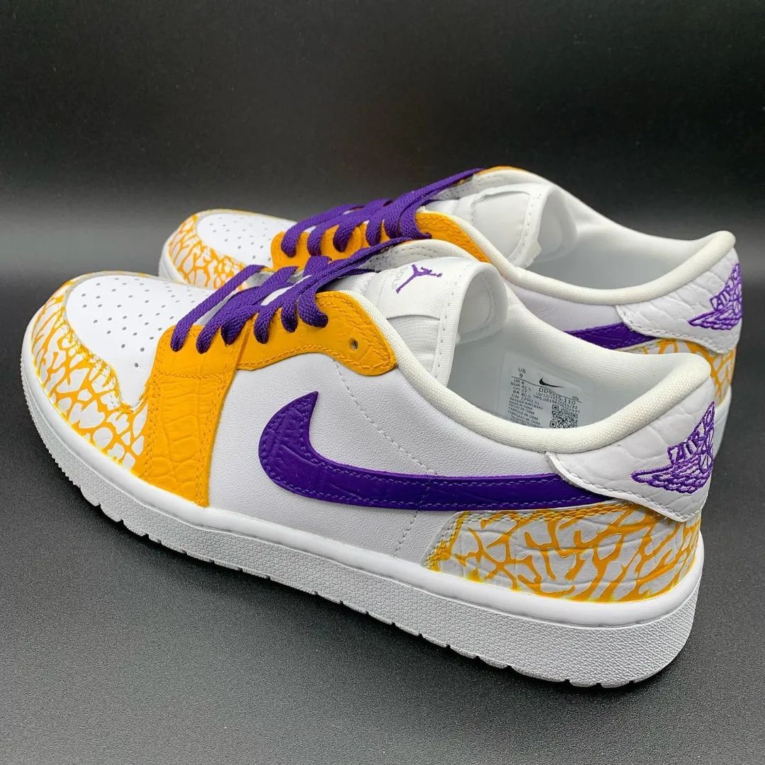 Custom Air Jordan 1 Yellow Cracks Purple Swoosh And Laces