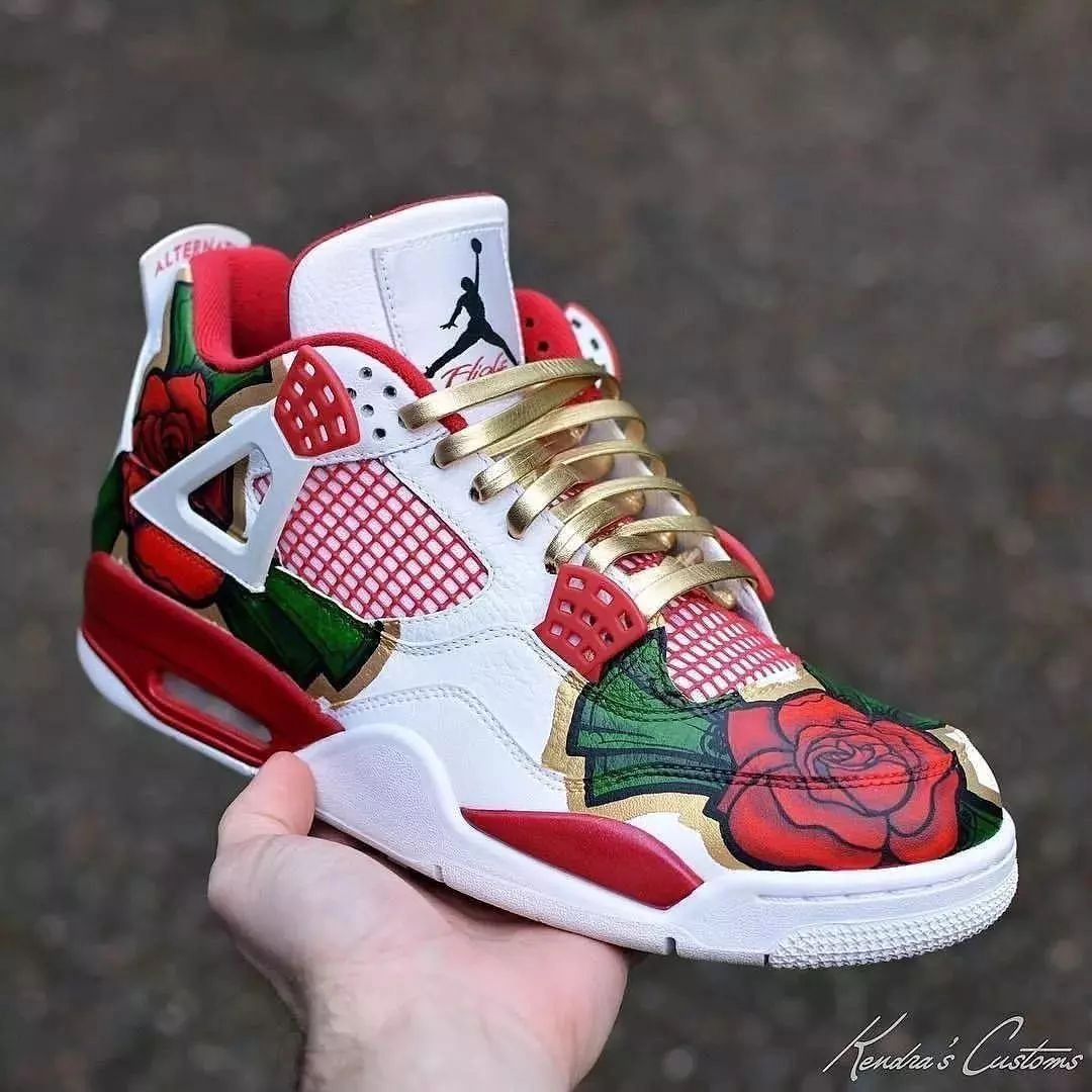 Custom Air Jordan 4 Red Rose Green Leaf White