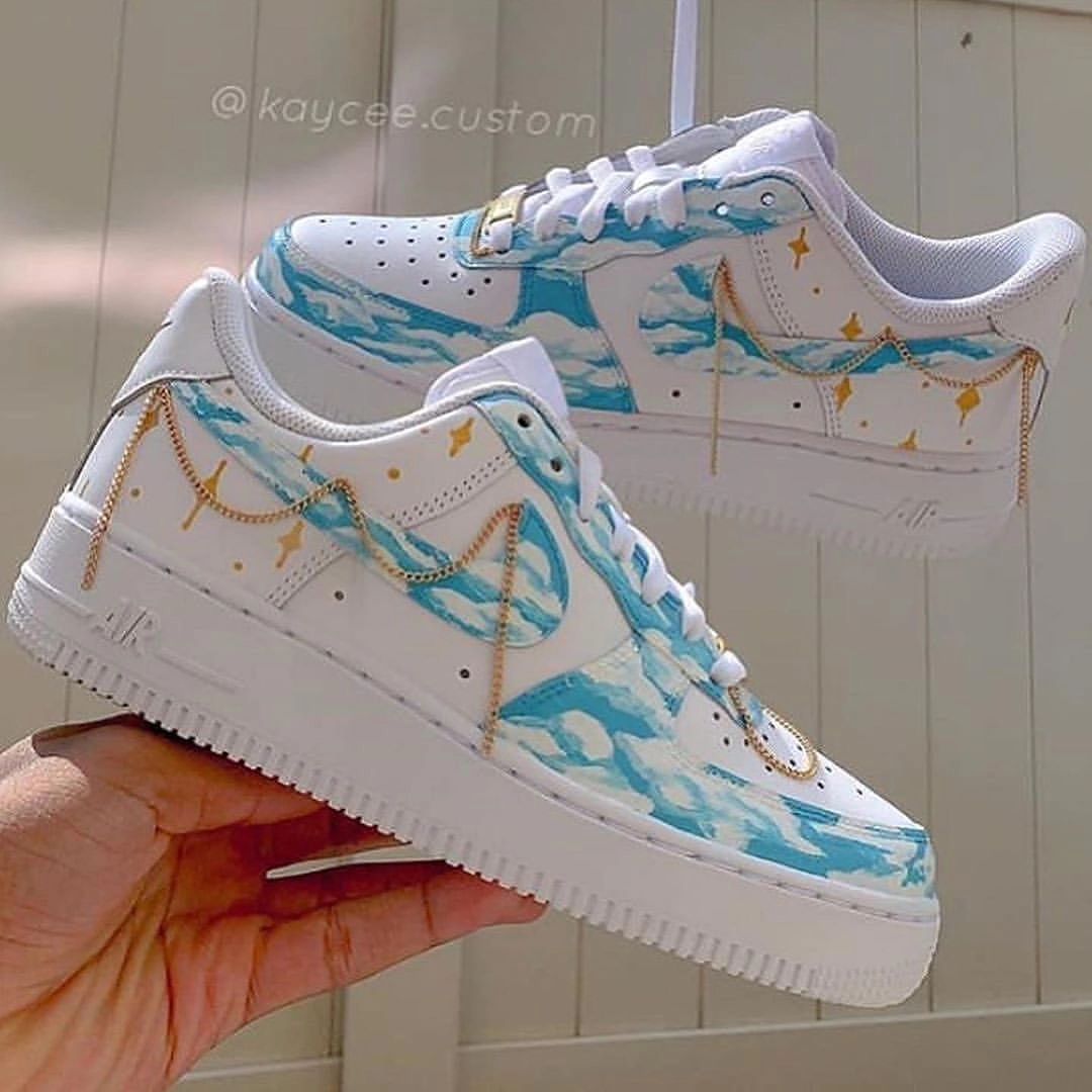 Custom Air Force 1 Metal Chain Blue White Cloud