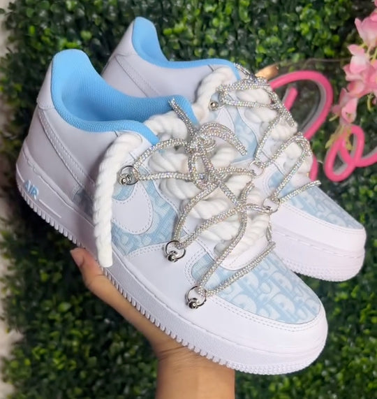 Hand Painted Blue Rhinestone Custom Air Force 1 Sneakers