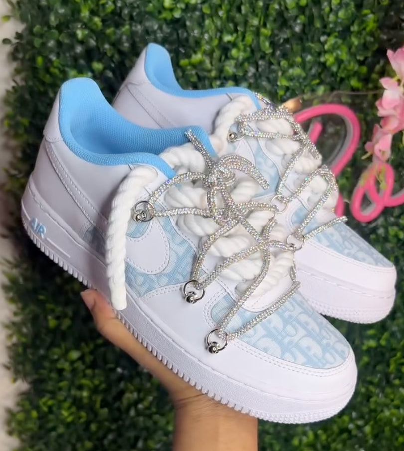 Hand Painted Blue Rhinestone Custom Air Force 1 Sneakers