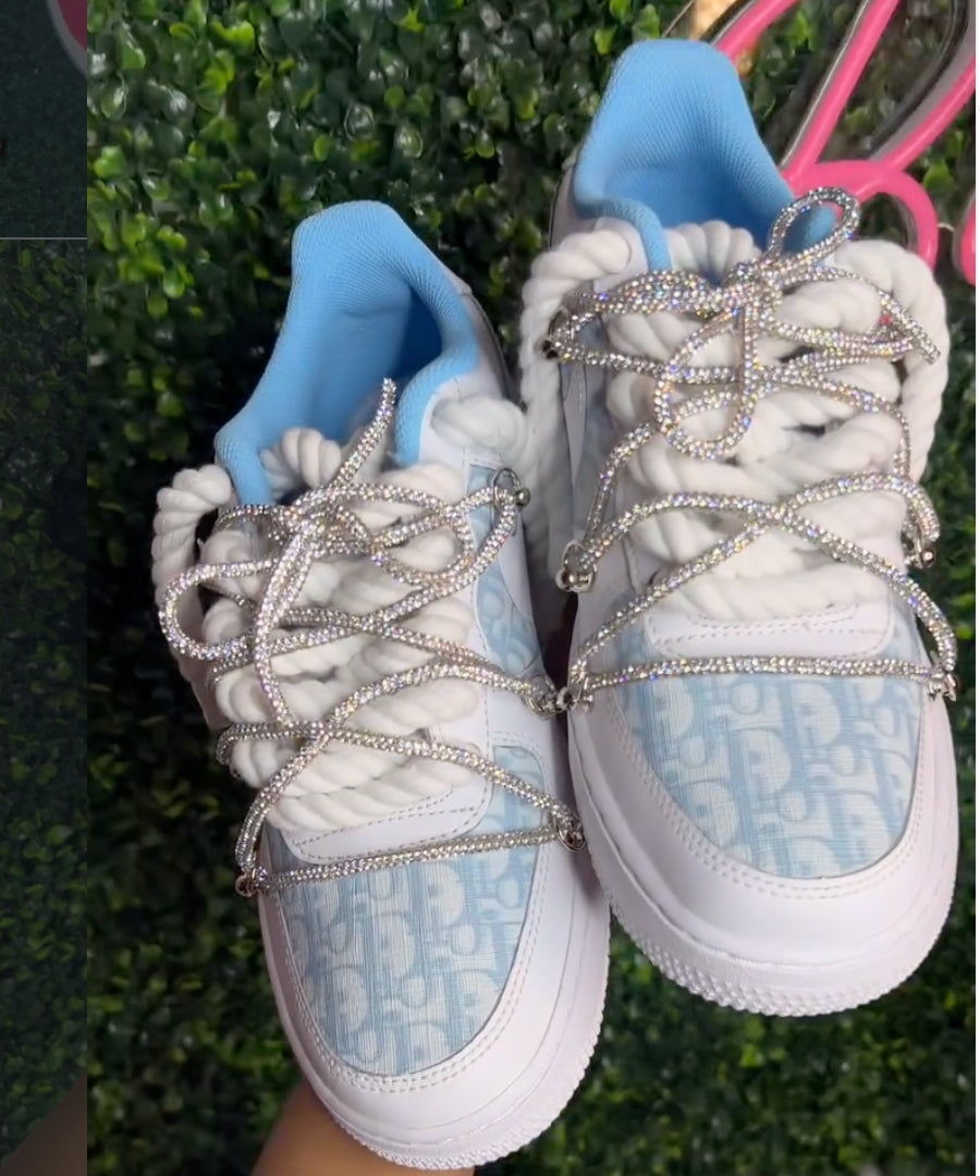 Hand Painted Blue Rhinestone Custom Air Force 1 Sneakers