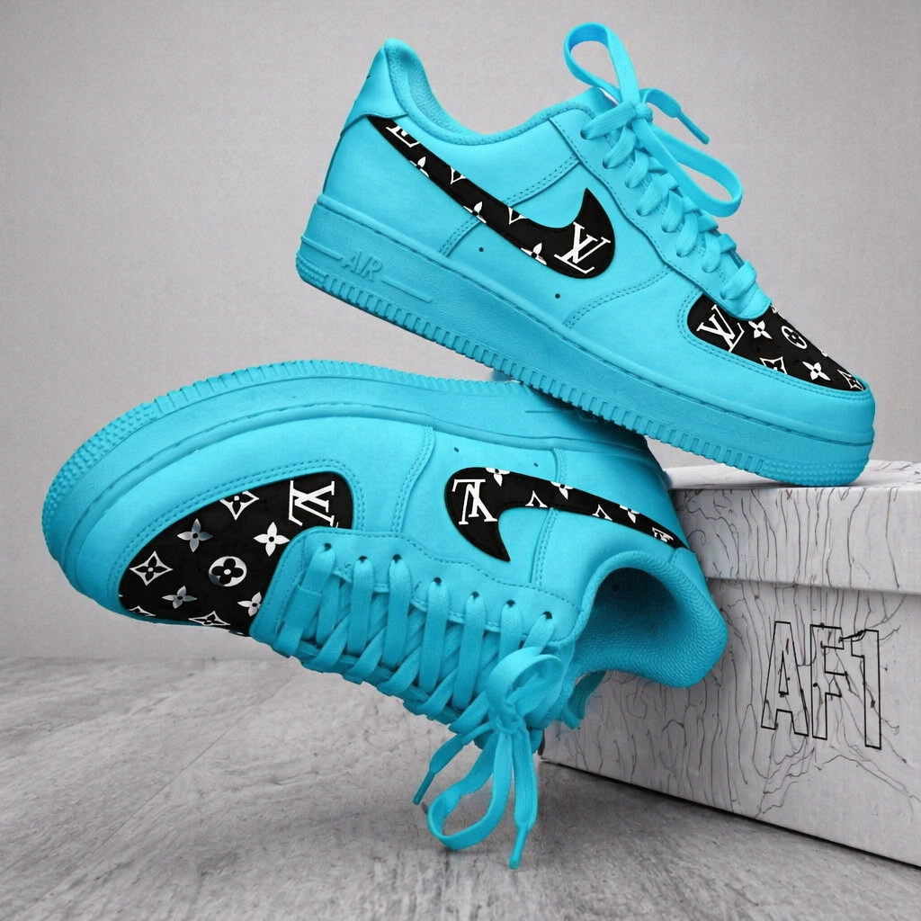 Custom Hand Painted Cyan Black Air Force 1 Sneakers