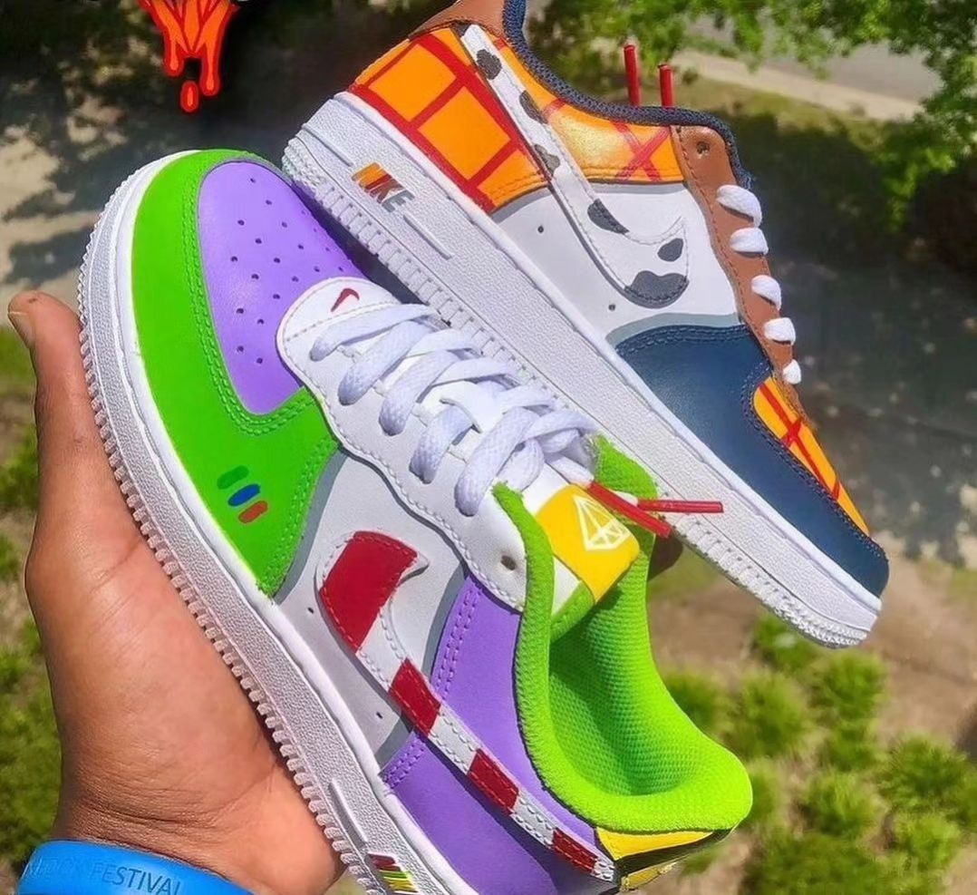 Custom Air Force 1 Blue Green Grid Orange Red