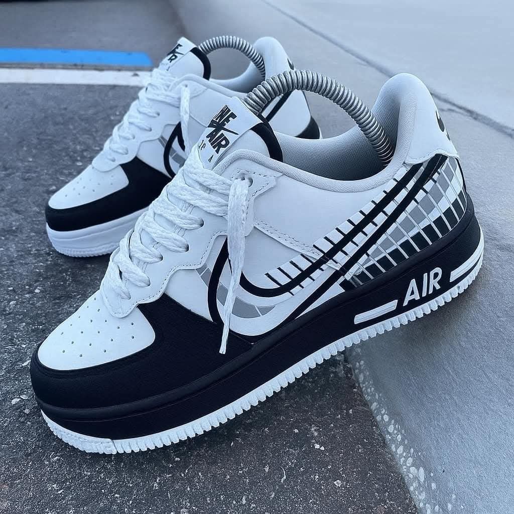 Custom Hand Painted Black & White Grid Air Force 1 Sneakers