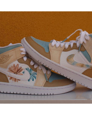 Custom Air Jordan 1 Khaki Blue Flowers