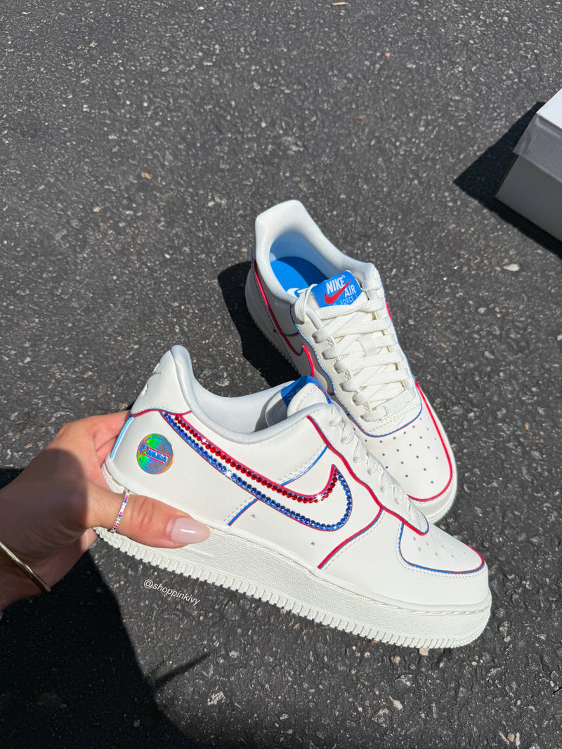 Hand Painted Red Blue Rhinestone Custom Air Force 1 Sneakers