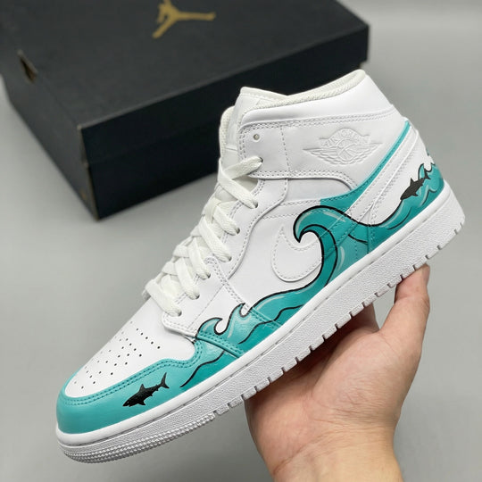 Custom Air Jordan 1 White Turquoise Waves Sharks