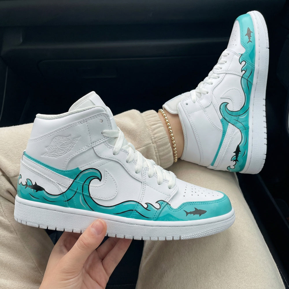 Custom Air Jordan 1 White Turquoise Waves Sharks