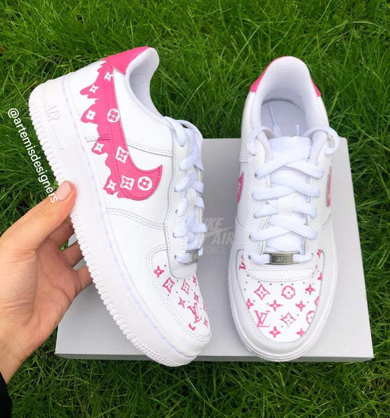 Custom Air Force 1 Pink LV Logo Swoosh Drip