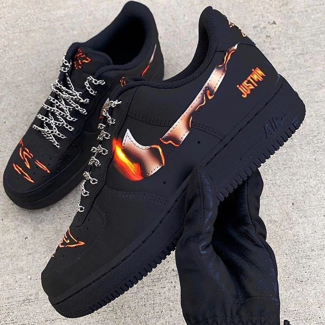 Custom Air Force 1 Black Orange Fired Swoosh