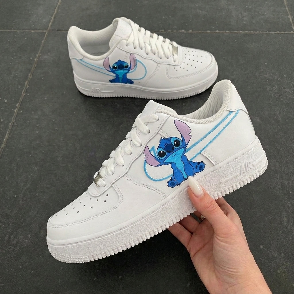 Custom Air Force 1 Cartoon Stitch Blue Swoosh