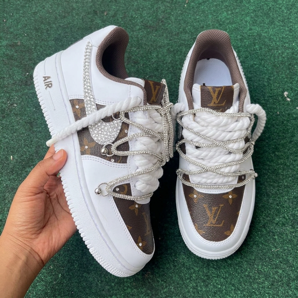 Classic Brown Monogram Rhinestone Lace Custom Air Force 1 Sneakers