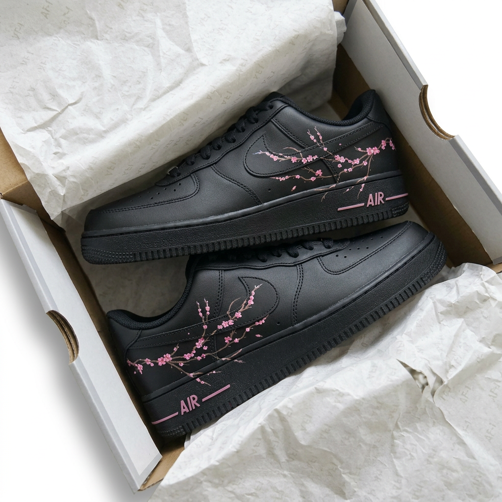 Hand Painted Black Pink Cherry Blossom Custom Air Force 1 Sneakers