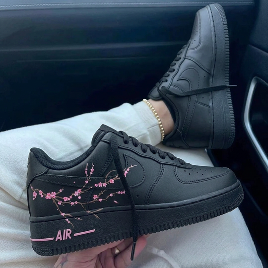 Hand Painted Black Pink Cherry Blossom Custom Air Force 1 Sneakers