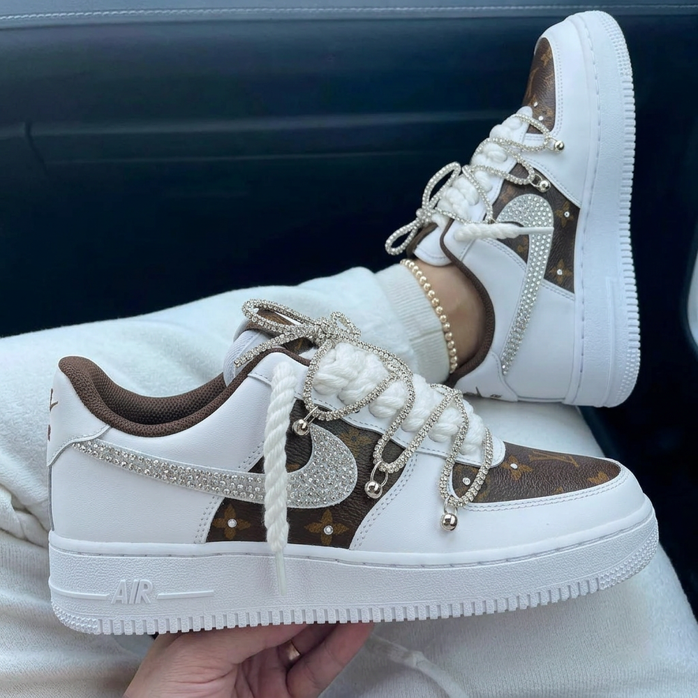 Classic Brown Monogram Rhinestone Lace Custom Air Force 1 Sneakers