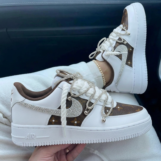 Classic Brown Monogram Rhinestone Lace Custom Air Force 1 Sneakers