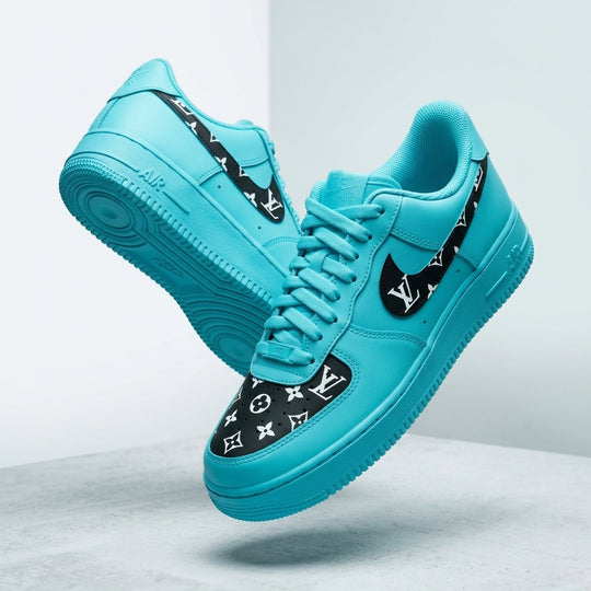 Custom Hand Painted Cyan Black Air Force 1 Sneakers