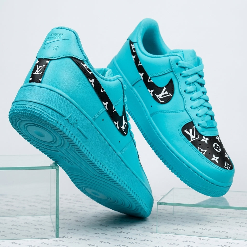 Custom Hand Painted Cyan Black Air Force 1 Sneakers
