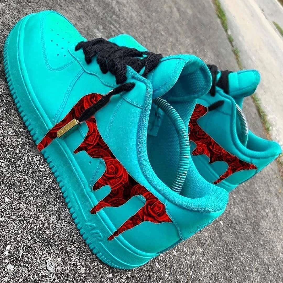 Custom Air Force 1 Lgiht Blue Red Rose Dripping Swoosh