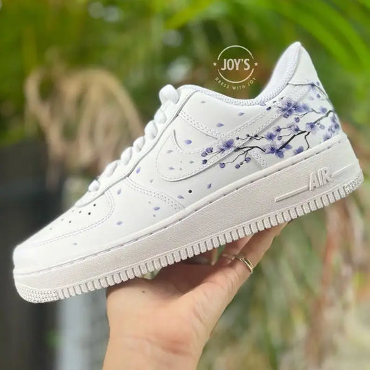 Hand Painted Purple Cherry Blossom Custom Air Force 1, Aesthetic Falling Floral Petal Design Custom Sneakers, Unique White Casual Streetwear Shoes with Optional Gradient Purple Laces for Men & Women