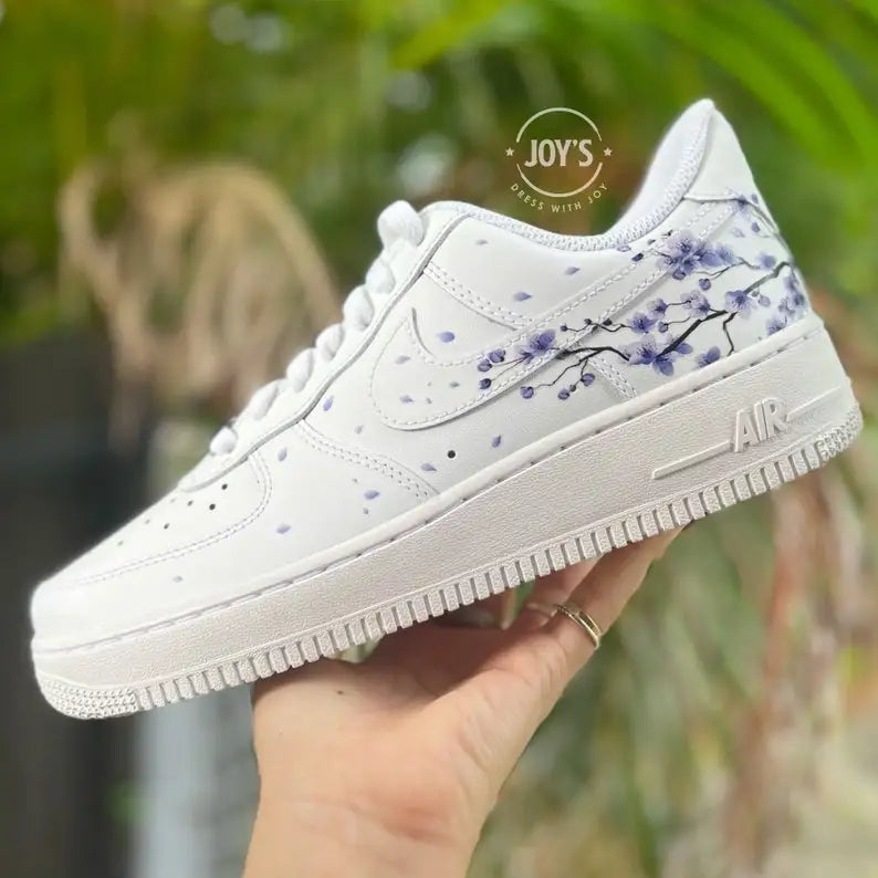 Hand Painted Purple Cherry Blossom Custom Air Force 1, Aesthetic Falling Floral Petal Design Custom Sneakers, Unique White Casual Streetwear Shoes with Optional Gradient Purple Laces for Men & Women