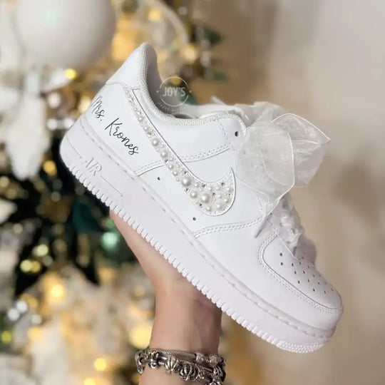 Personalized Custom Name Pearl Rhinestone Bridal Custom Air Force 1 Custom Sneakers White Organza Bow Lace Comfortable Wedding Bride Shoes