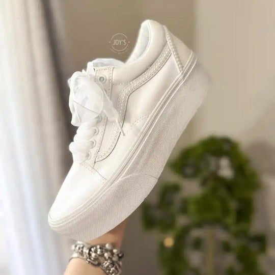 Custom Air Force 1 White Pearl Decor Platform Wedding Bridal Shoes, Personalized Name & Wedding Date Organza Bow Lace Bride Custom Sneakers Wedding Gift