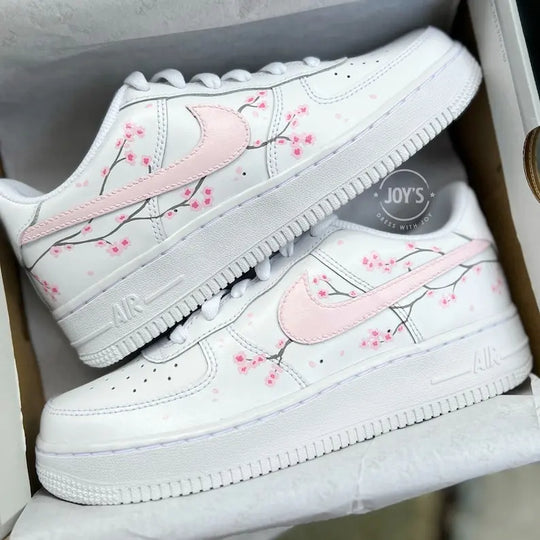 Hand Painted Pink Cherry Blossom Custom Air Force 1, Interchangeable Floral Shoelaces Aesthetic White Custom Sneakers for Women