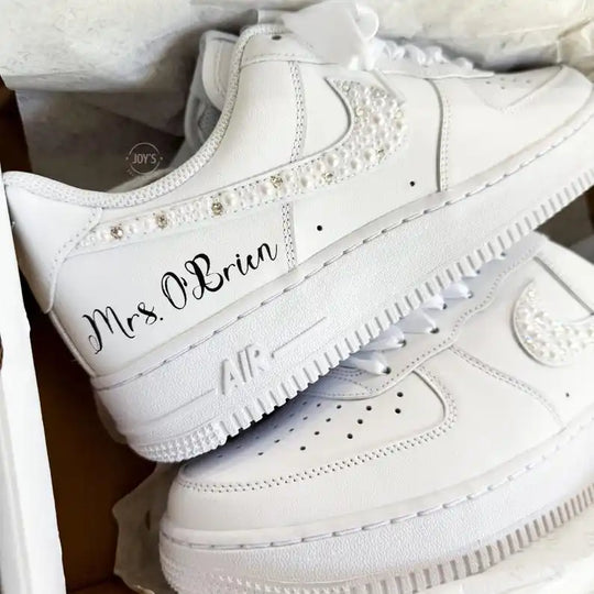 Personalized Custom Name Pearl Rhinestone Bridal Custom Air Force 1 Custom Sneakers White Organza Bow Lace Comfortable Wedding Bride Shoes