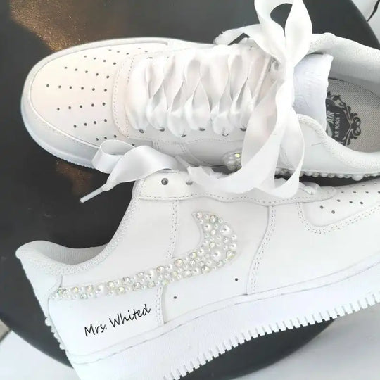 Personalized Pearl & Iridescent Rhinestone Decorated White Bridal Custom Air Force 1, Custom Sneakers With Customizable Name Wedding Date Satin Ribbon Laces For Bride