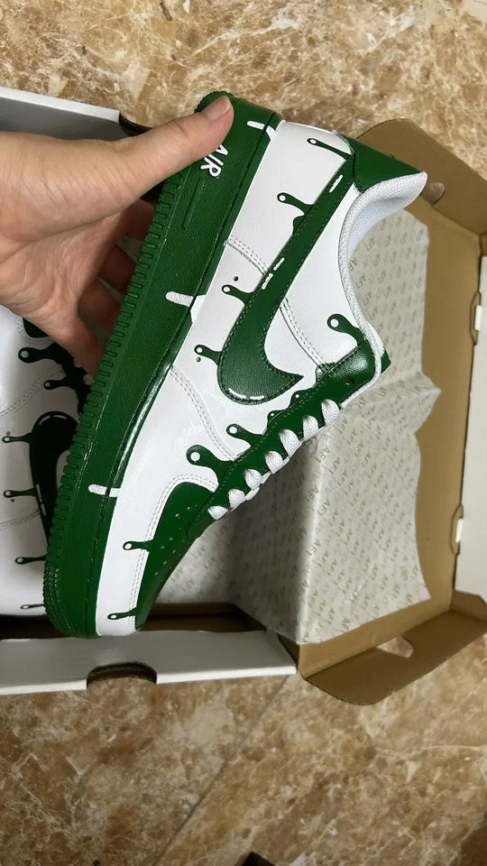 Unique Hand Painted Dark Green Drip Effect Custom Air Force 1 Unisex Fashion Casual Streetwear Custom Sneakers