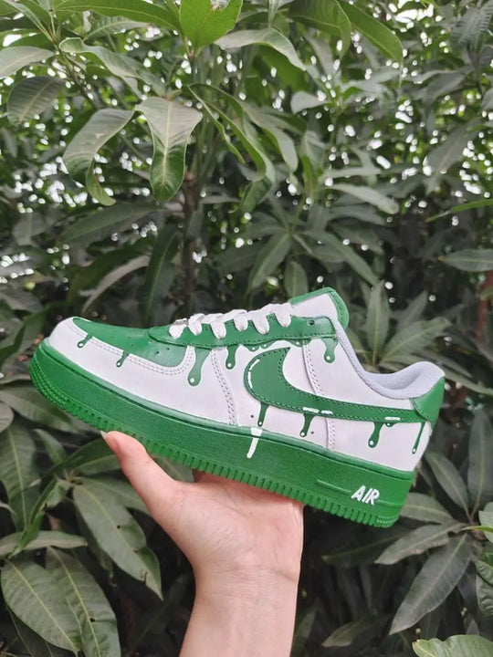 Unique Hand Painted Dark Green Drip Effect Custom Air Force 1 Unisex Fashion Casual Streetwear Custom Sneakers