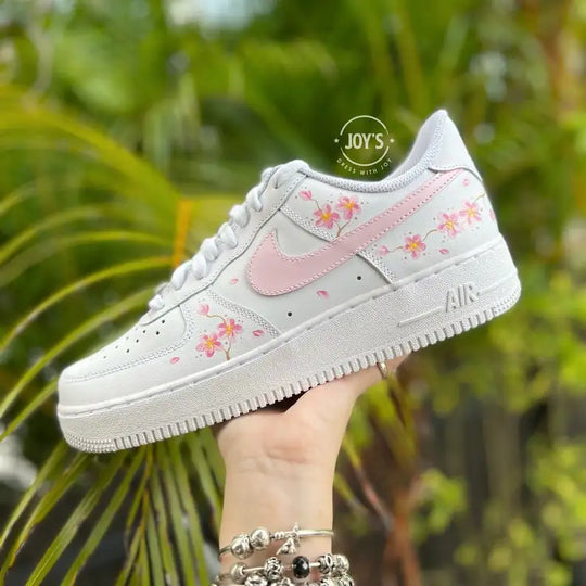 Hand Painted Pink Cherry Blossom Custom Air Force 1, White Sweet Floral Women's Custom Sneakers with Interchangeable Laces Aesthetic Casual Gift Shoes